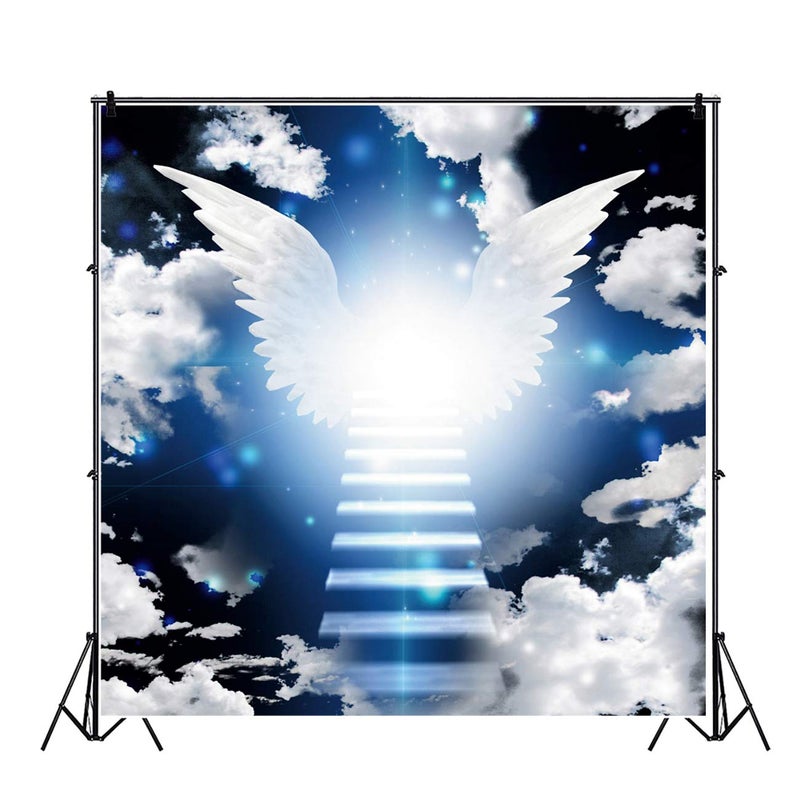 DORCEV 6x6ft Heaven Angel Wing Backdrop dor Baby Shower Photography Background Stairway to Heaven Dark Blue White Cloud Sky Lord Prayer Church Party Wallpaper Child Newborn Photo Studio Props - Image 2